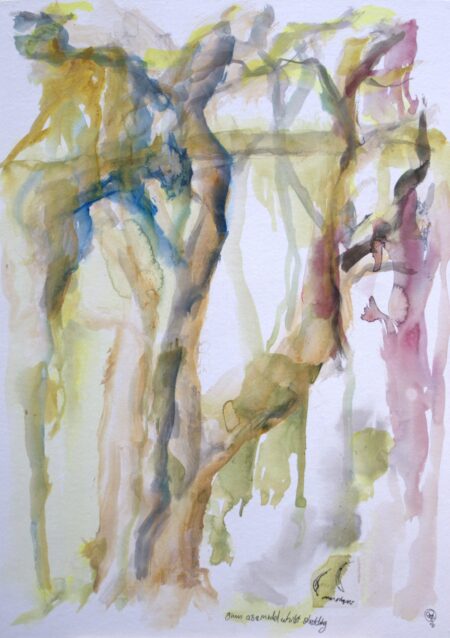 Gum as a model whilst shedding, ink and acrylic on paper, 70 x 50cm